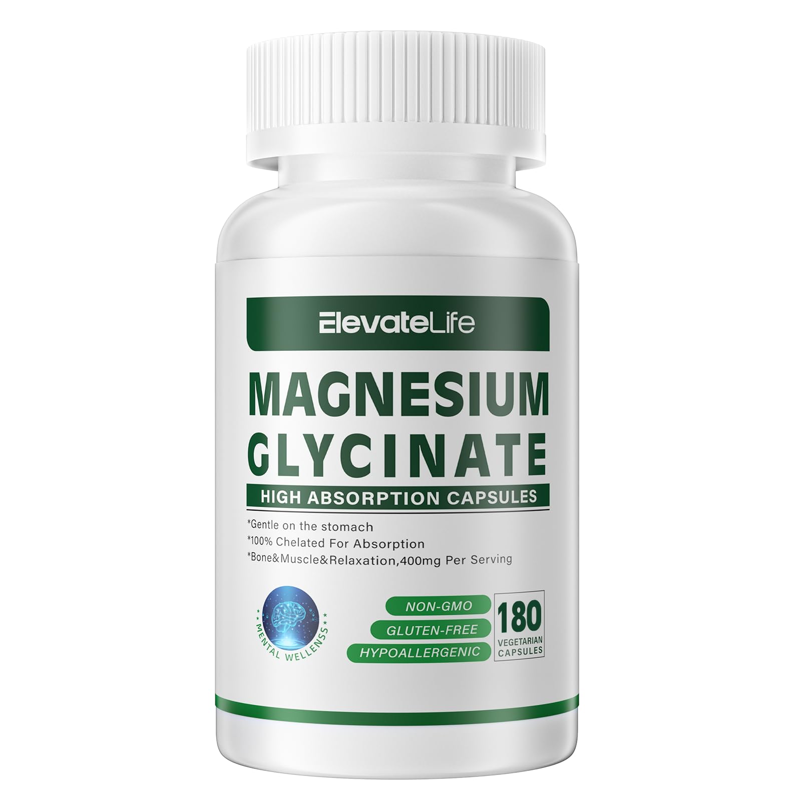 Magnesium Glycinate 400 MG Per Serving for High Absorption and Gentle On Stomach, Non-GMO, 180 Vegetarian Capsules  
Mag