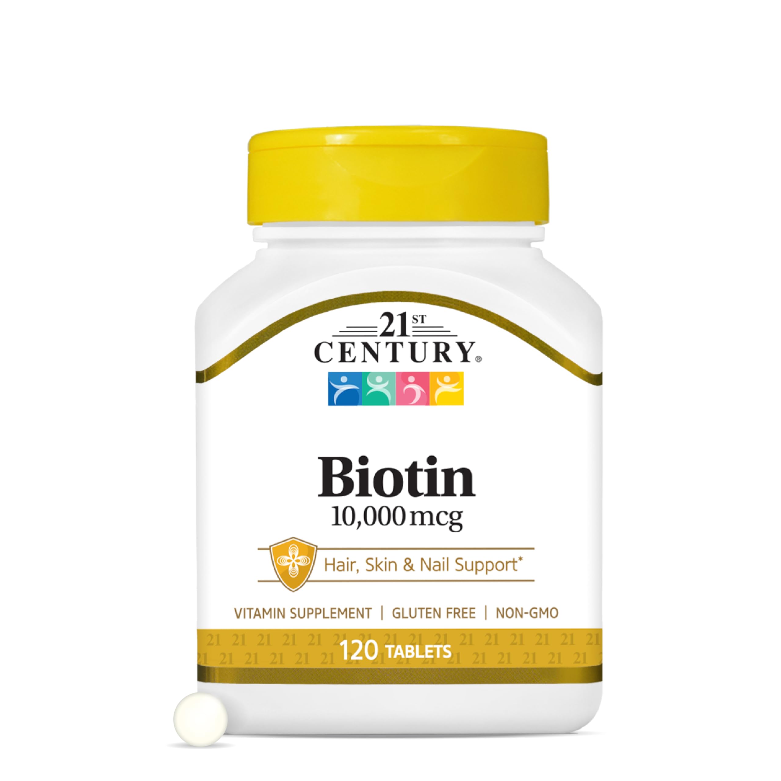 21st Century Unflavored Biotin Tablets 10,000mcg for Hair Skin Nails 120 Count High Strength Hair Loss Prevention Dietar
